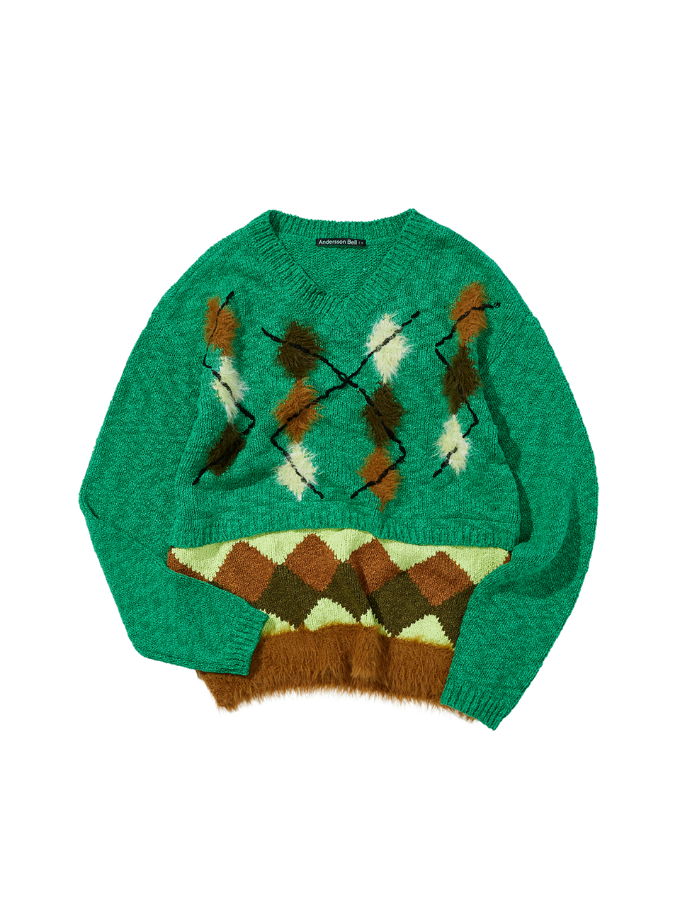 ANDERSSON BELL - ARGYLE LAYERED V-NECK SWEATER (GREEN)